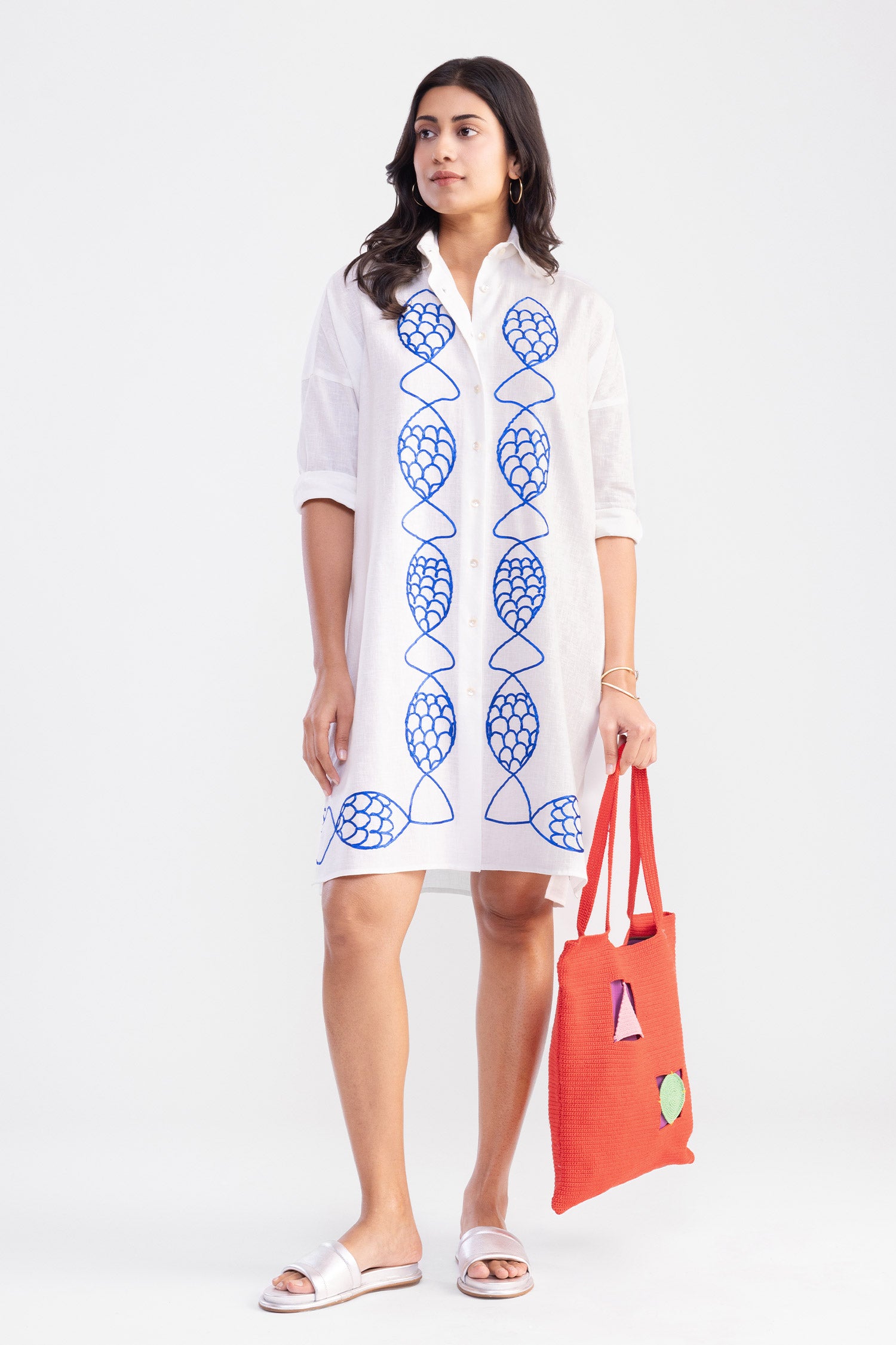 Designer Fishy embroidered White shirt dress for Women